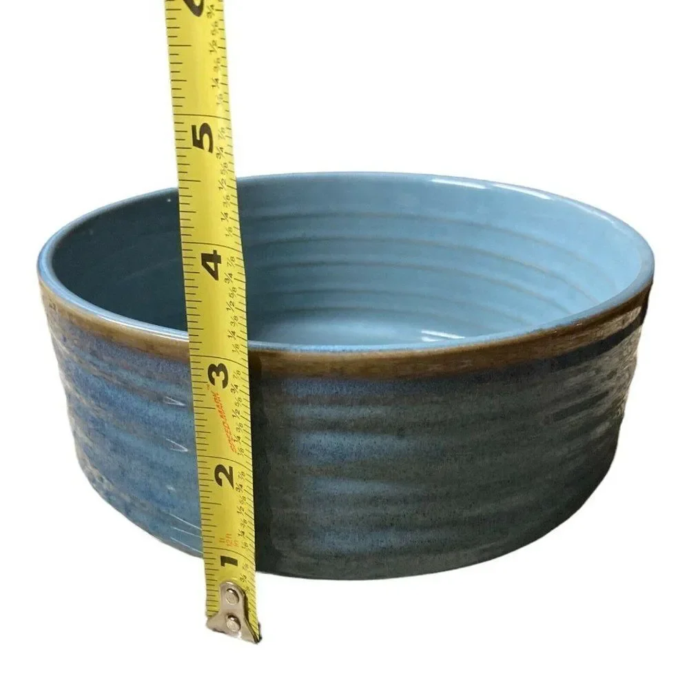 Studio Pottery Blue Brown Edge Stoneware Butter or Cheese Crock 7” Fruit Bowl